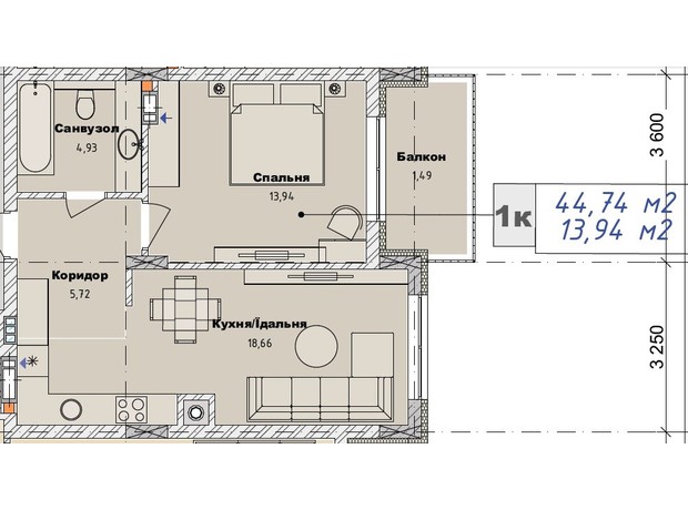 ЖК Art29: планировка 1-комнатной квартиры 44.74 м²