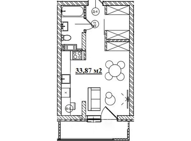 ЖК Krona house: планировка 1-комнатной квартиры 33.87 м²