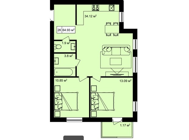 ЖК на Шпитальній: планування 2-кімнатної квартири 72.9 м²