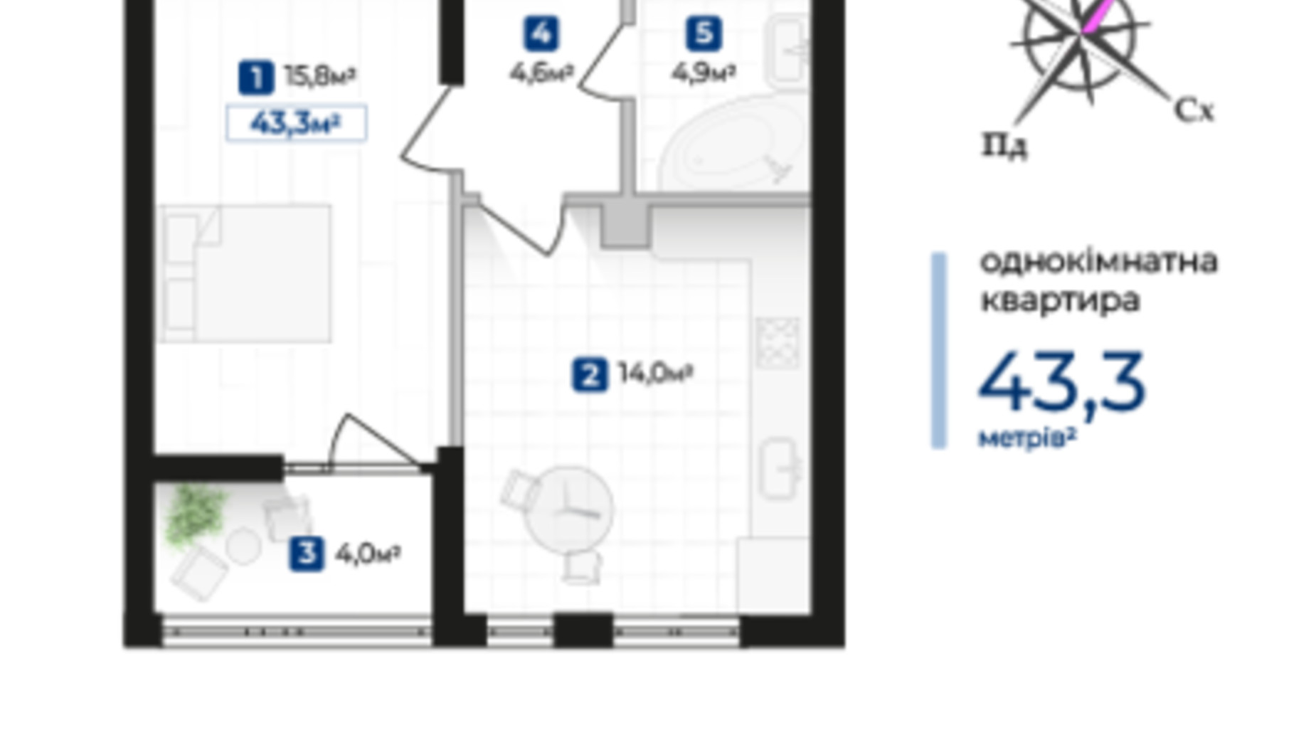 Планування 1-кімнатної квартири в ЖК Kniahynyn-Center 43.3 м², фото 625627