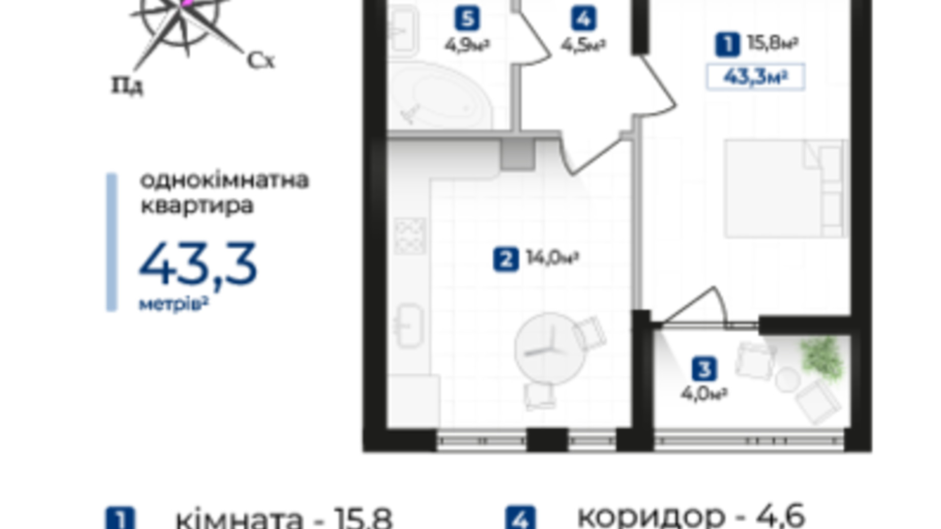 Планування 1-кімнатної квартири в ЖК Kniahynyn-Center 43.3 м², фото 625628