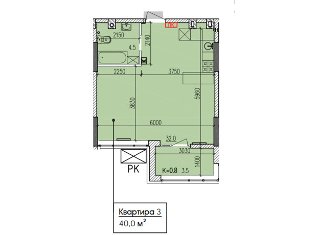 ЖК Затишний-2: планировка 1-комнатной квартиры 40 м²