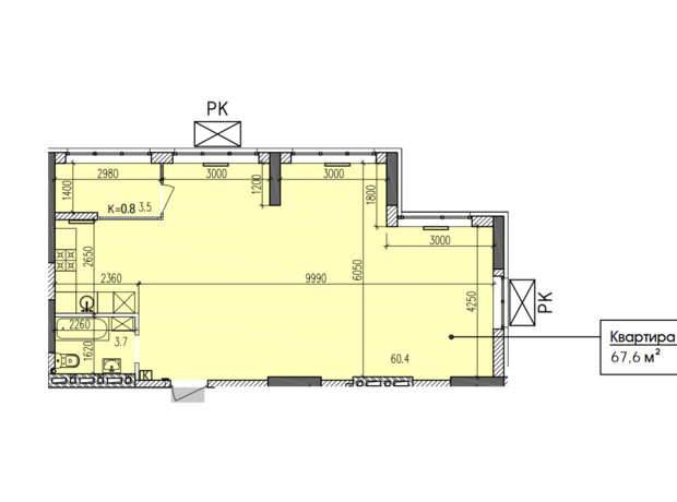 ЖК Затишний-2: планування 2-кімнатної квартири 67.6 м²