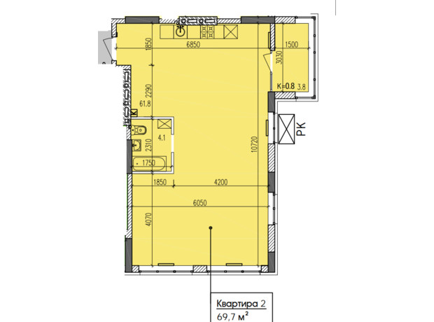 ЖК Затишний-2: планировка 2-комнатной квартиры 69.7 м²