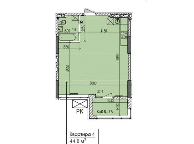 ЖК Затишний-2: планування 1-кімнатної квартири 44.8 м²