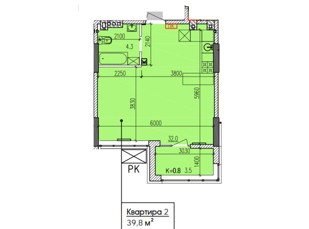 ЖК Затишний-2: планування 1-кімнатної квартири 39.8 м²