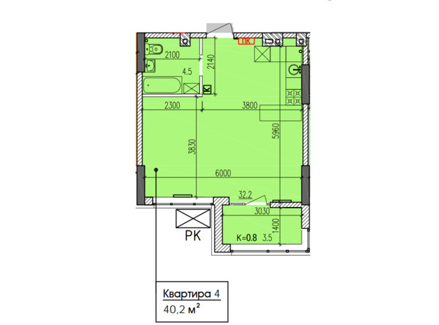 ЖК Затишний-2: планування 1-кімнатної квартири 40.2 м²