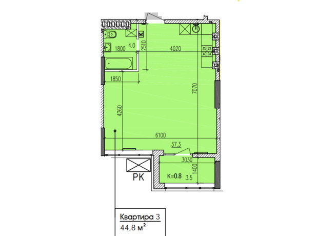 ЖК Затишний-2: планировка 1-комнатной квартиры 44.8 м²