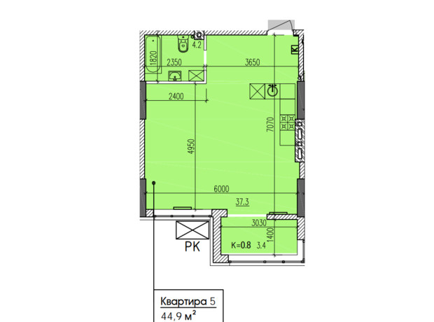 ЖК Затишний-2: планировка 1-комнатной квартиры 44.9 м²