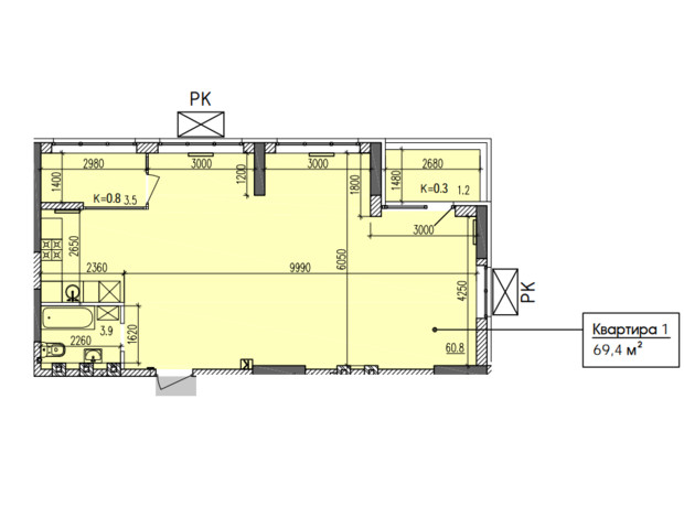 ЖК Затишний-2: планировка 2-комнатной квартиры 69.4 м²