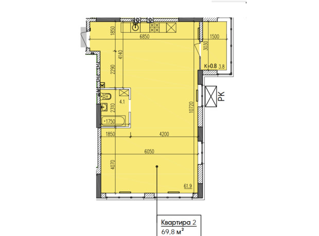 ЖК Затишний-2: планировка 2-комнатной квартиры 69.8 м²