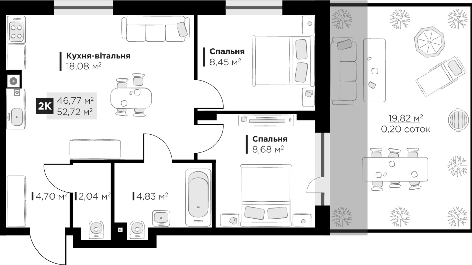 Планування 2-кімнатної квартири в ЖК SILENT PARK 52.72 м², фото 625719