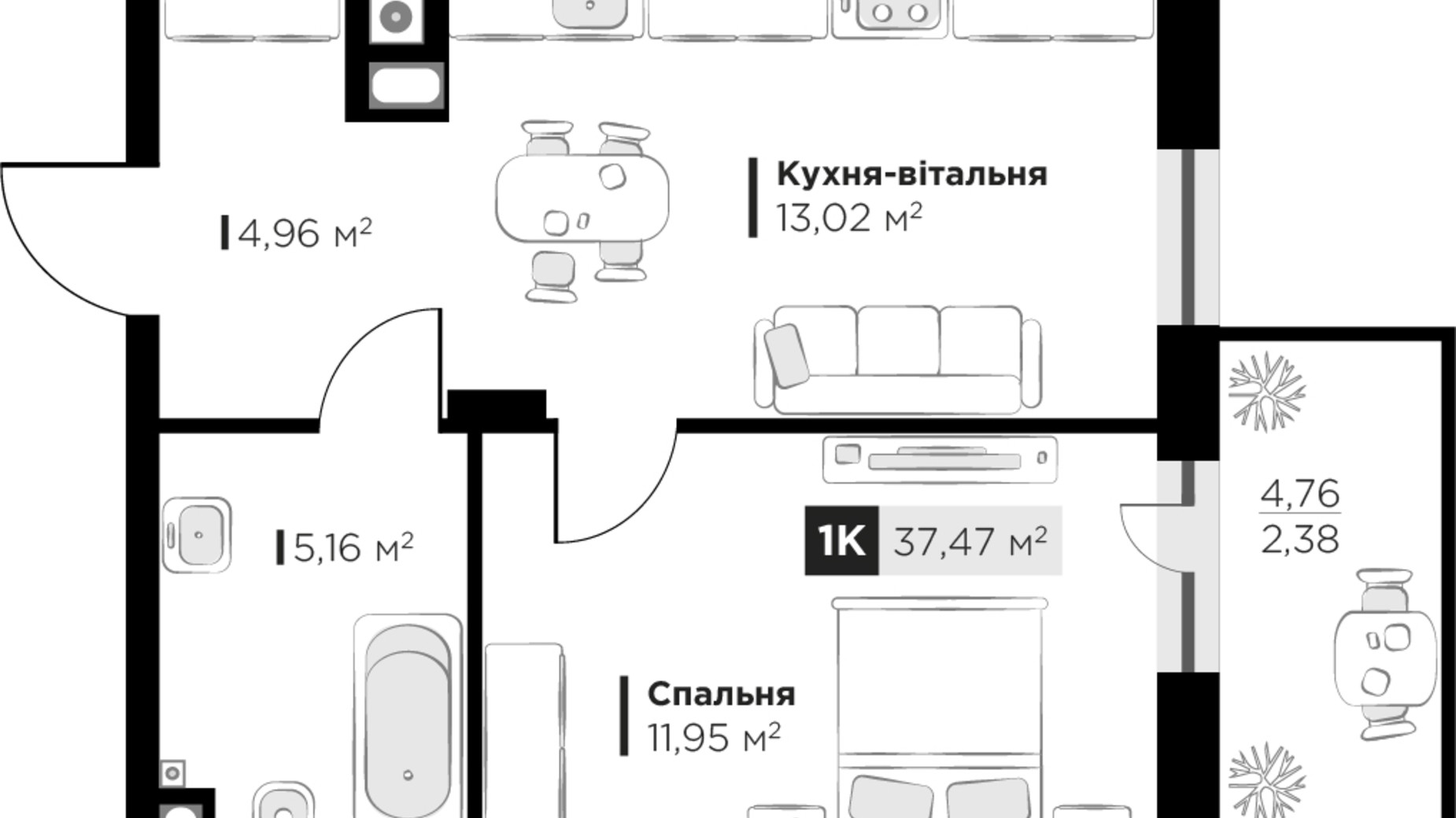 Планування 1-кімнатної квартири в ЖК SILENT PARK 37.47 м², фото 625738