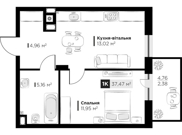 ЖК SILENT PARK: планировка 1-комнатной квартиры 37.47 м²