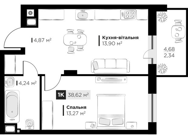 ЖК SILENT PARK: планировка 1-комнатной квартиры 38.62 м²