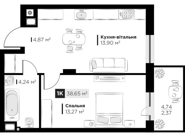 ЖК SILENT PARK: планировка 1-комнатной квартиры 38.65 м²