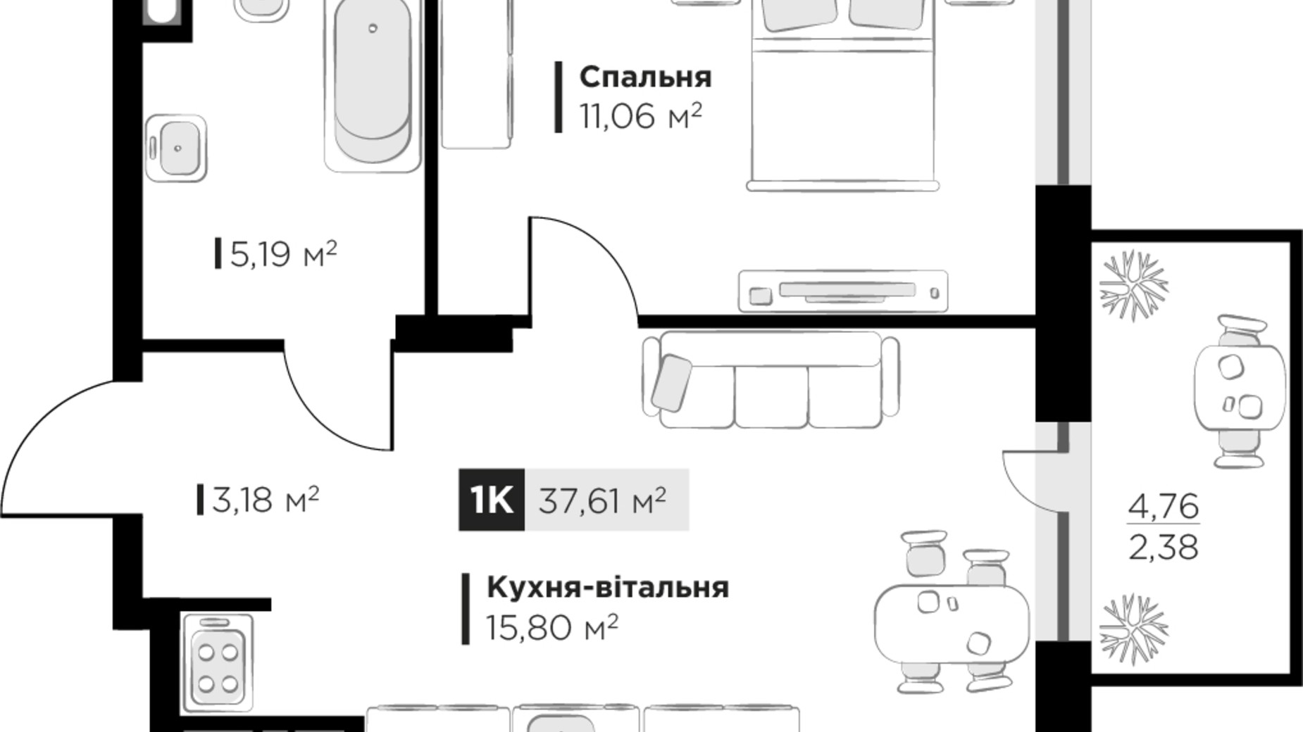 Планування 1-кімнатної квартири в ЖК SILENT PARK 37.61 м², фото 625744
