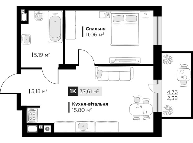 ЖК SILENT PARK: планування 1-кімнатної квартири 37.61 м²