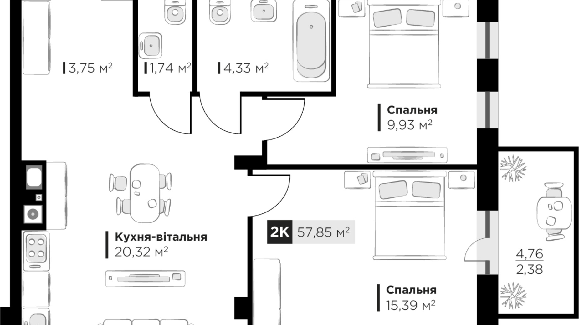 Планировка 2-комнатной квартиры в ЖК SILENT PARK 57.85 м², фото 625746