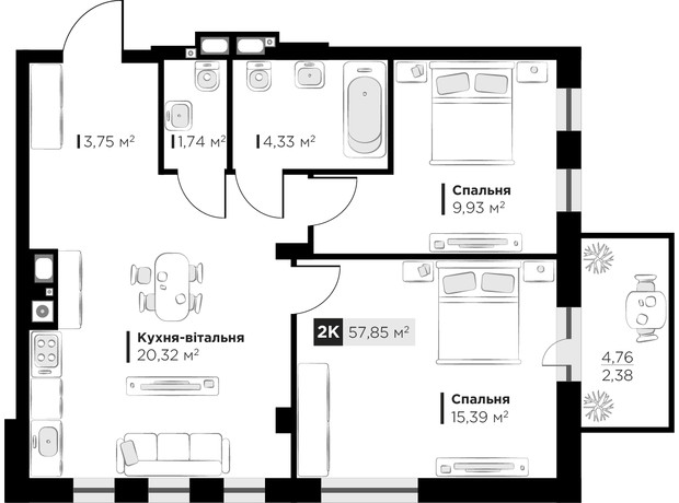 ЖК SILENT PARK: планування 2-кімнатної квартири 57.85 м²