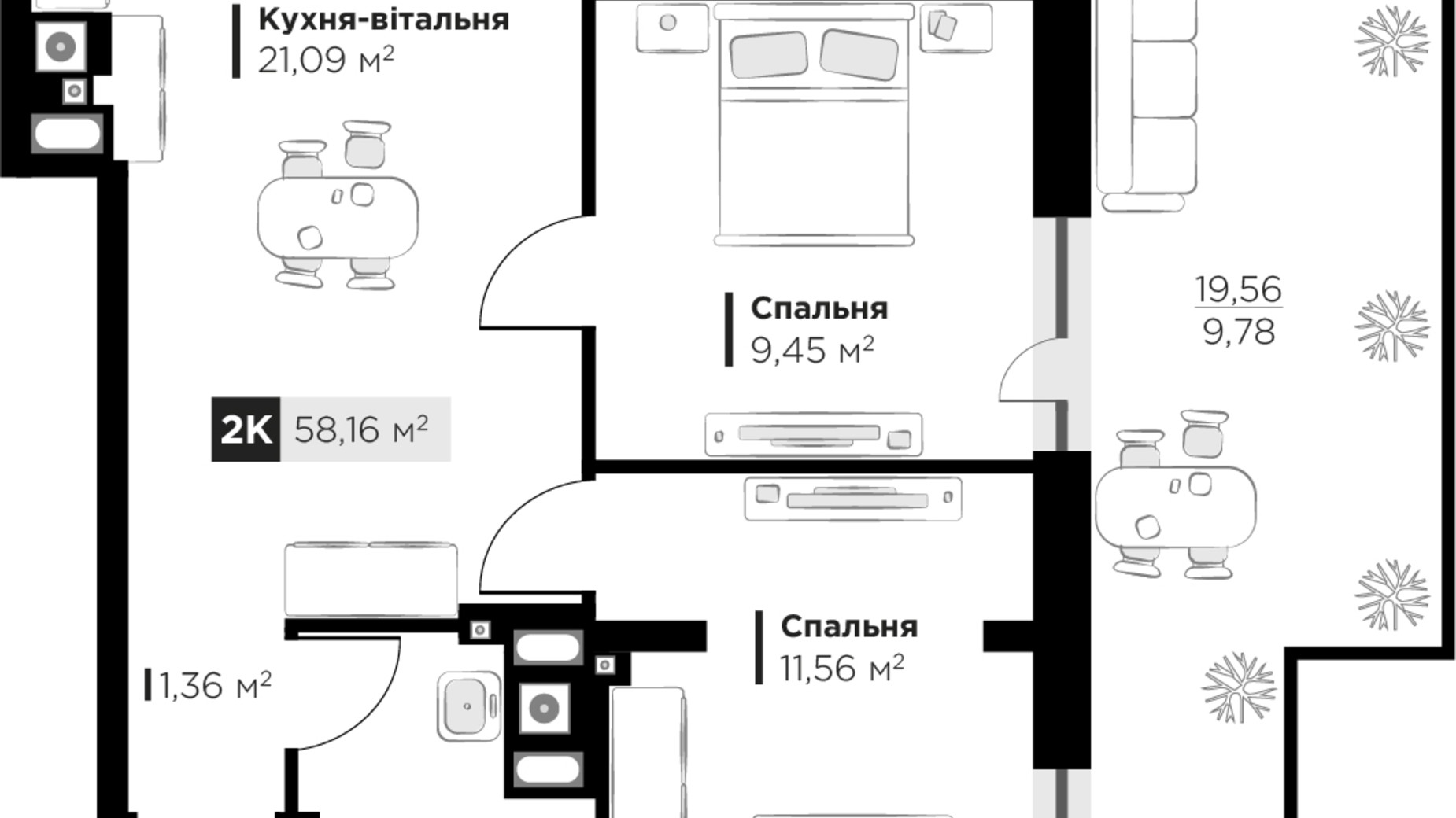 Планування 2-кімнатної квартири в ЖК SILENT PARK 58.16 м², фото 625751