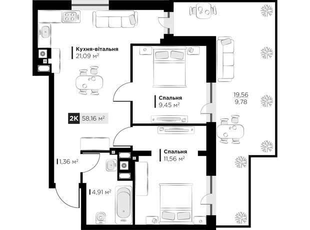 ЖК SILENT PARK: планировка 2-комнатной квартиры 58.16 м²