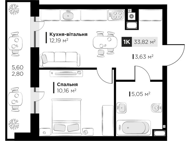 ЖК SILENT PARK: планировка 1-комнатной квартиры 33.82 м²