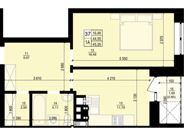 ЖК Святой Антоний: планировка 1-комнатной квартиры 45.35 м²