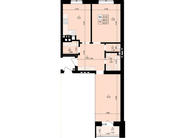 ЖК Святой Антоний: планировка 2-комнатной квартиры 63.57 м²