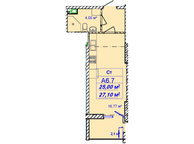 ЖК Кимолос: планировка 1-комнатной квартиры 27.1 м²