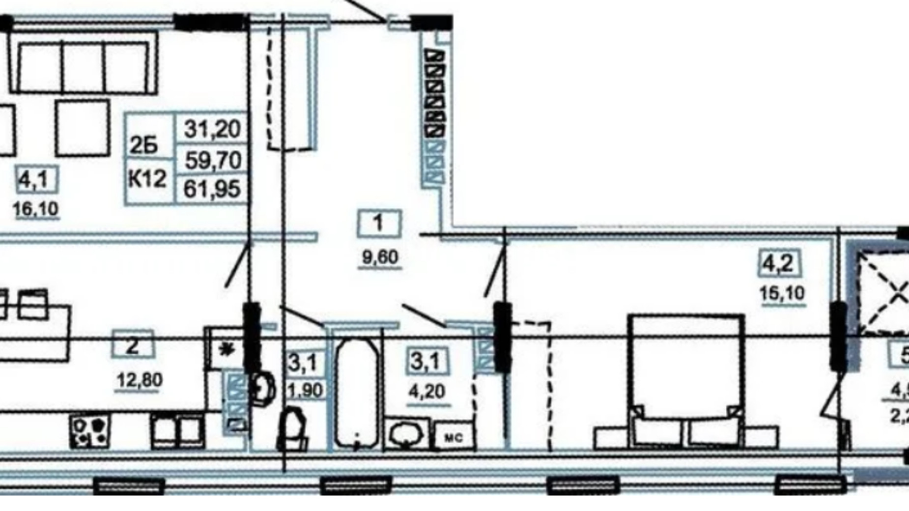 Планировка 2-комнатной квартиры в ЖК Канада 61.95 м², фото 625817