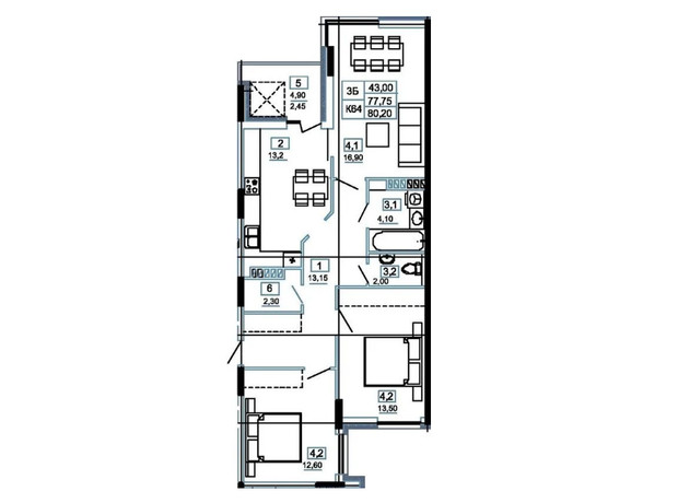 ЖК Канада: планування 3-кімнатної квартири 80.2 м²