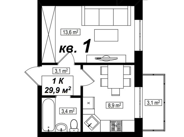 ЖК Амстердам Клубний: планування 1-кімнатної квартири 29.9 м²