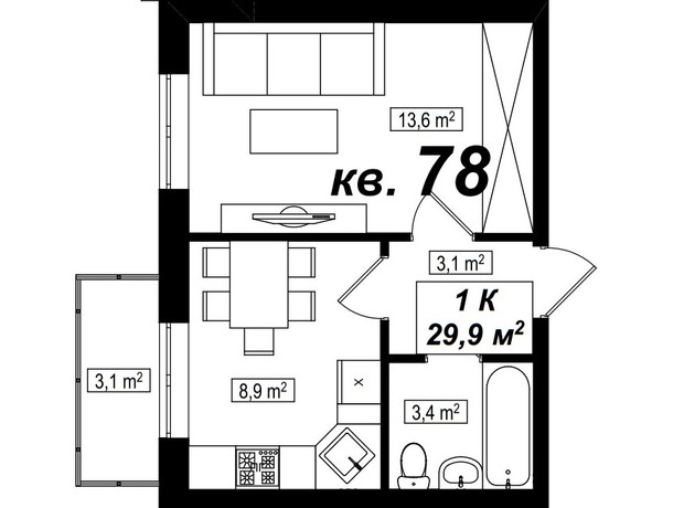 ЖК Амстердам Клубный: планировка 1-комнатной квартиры 29.9 м²