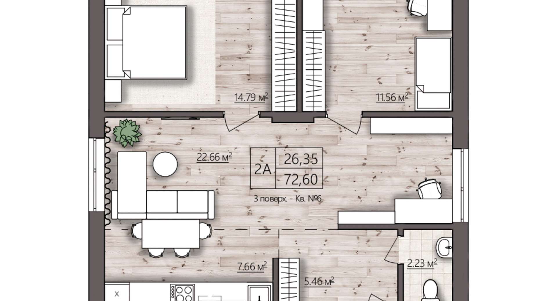 Планування 2-кімнатної квартири в КБ На Литовській 72.6 м², фото 626116
