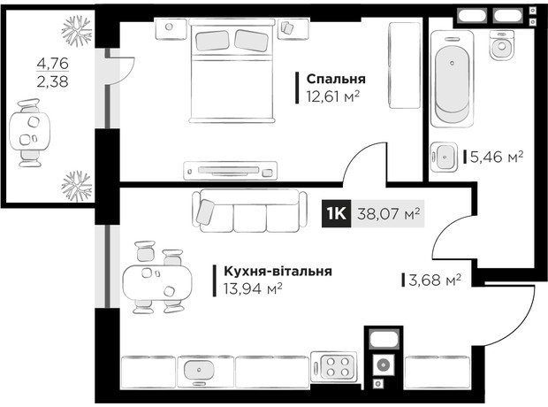 ЖК SILENT PARK: планування 1-кімнатної квартири 38.07 м²