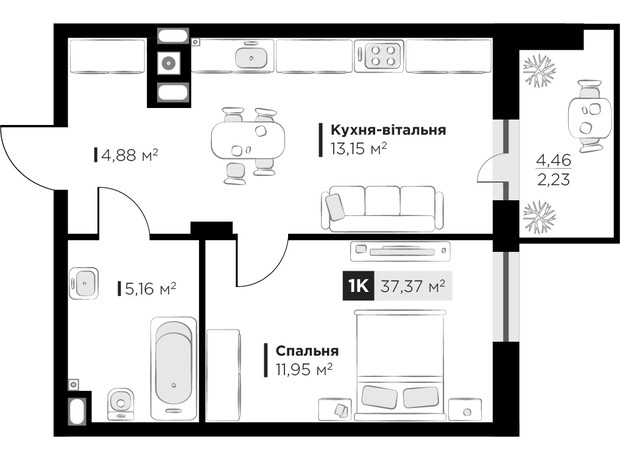 ЖК SILENT PARK: планировка 1-комнатной квартиры 37.37 м²