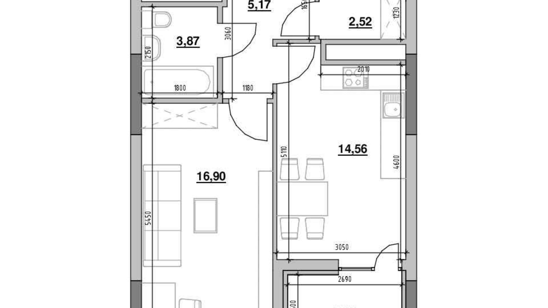 Планування 1-кімнатної квартири в ЖК Nordica Residence 47.04 м², фото 626323