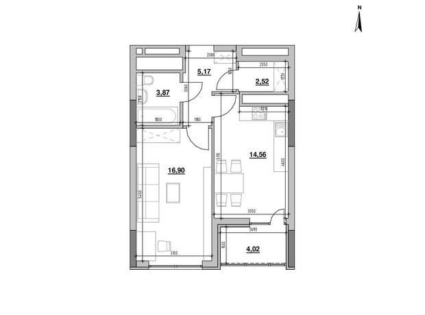 ЖК Nordica Residence: планування 1-кімнатної квартири 47.04 м²