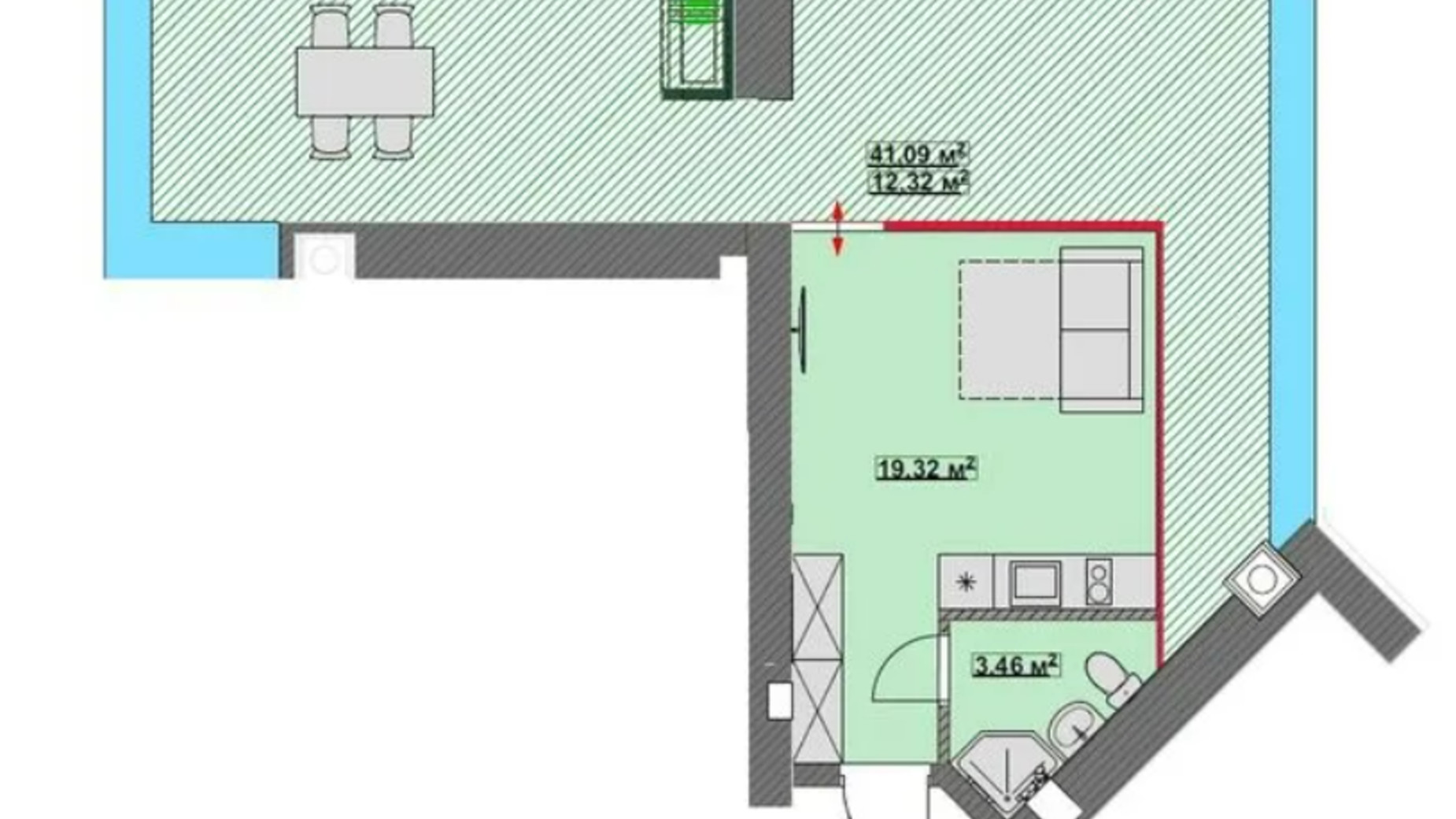 Планування 1-кімнатної квартири в ЖК Лісова казка 35 м², фото 626551