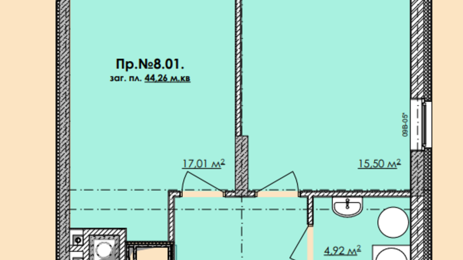 Планування 1-кімнатної квартири в ЖК Lazur Sky 44.26 м², фото 626566