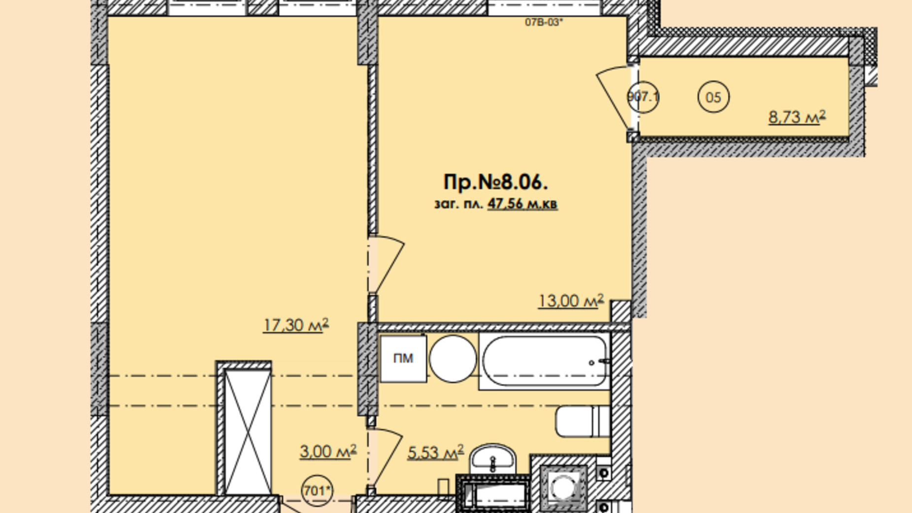 Планування 1-кімнатної квартири в ЖК Lazur Sky 47.56 м², фото 626568