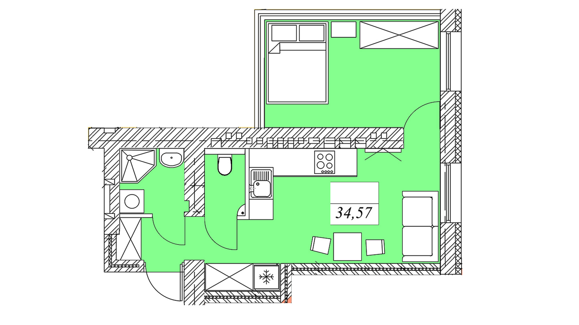 Планировка 1-комнатной квартиры в ЖК на Шептицкого 34.57 м², фото 626601