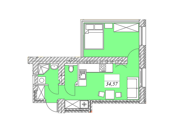 ЖК на Шептицкого: планировка 1-комнатной квартиры 34.57 м²