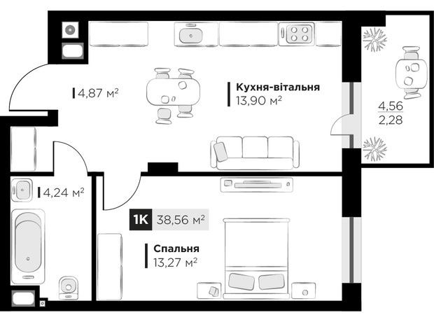 ЖК SILENT PARK: планировка 1-комнатной квартиры 38.56 м²