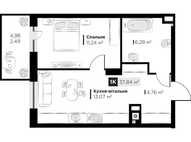 ЖК SILENT PARK: планування 1-кімнатної квартири 37.84 м²