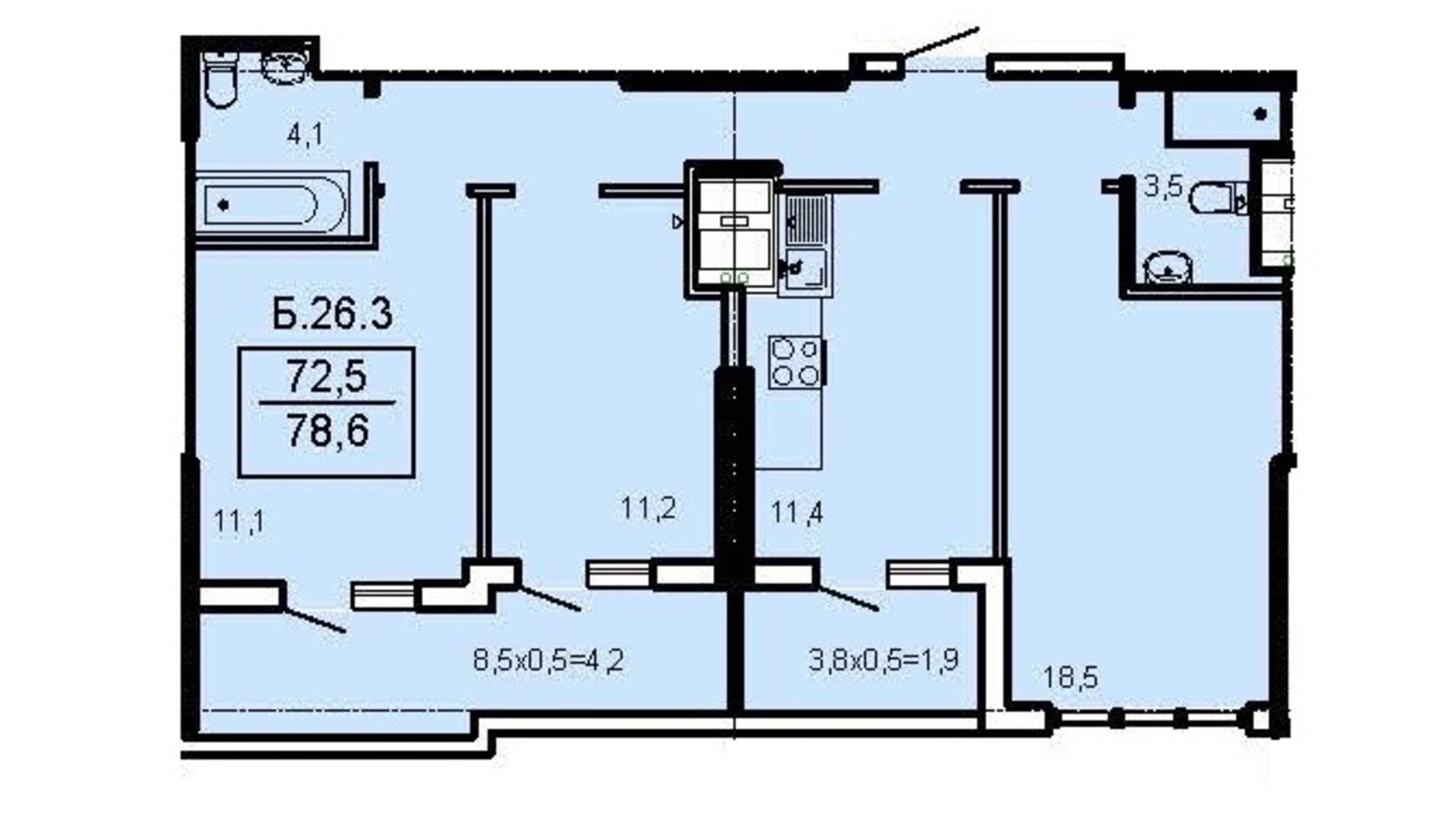 Планировка 3-комнатной квартиры в ЖК Акрополь 78.6 м², фото 626957