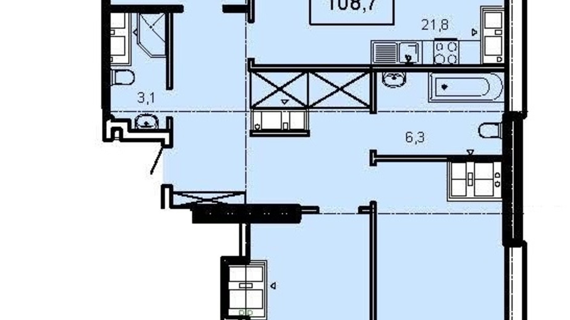 Планировка 3-комнатной квартиры в ЖК Акрополь 108.7 м², фото 626962