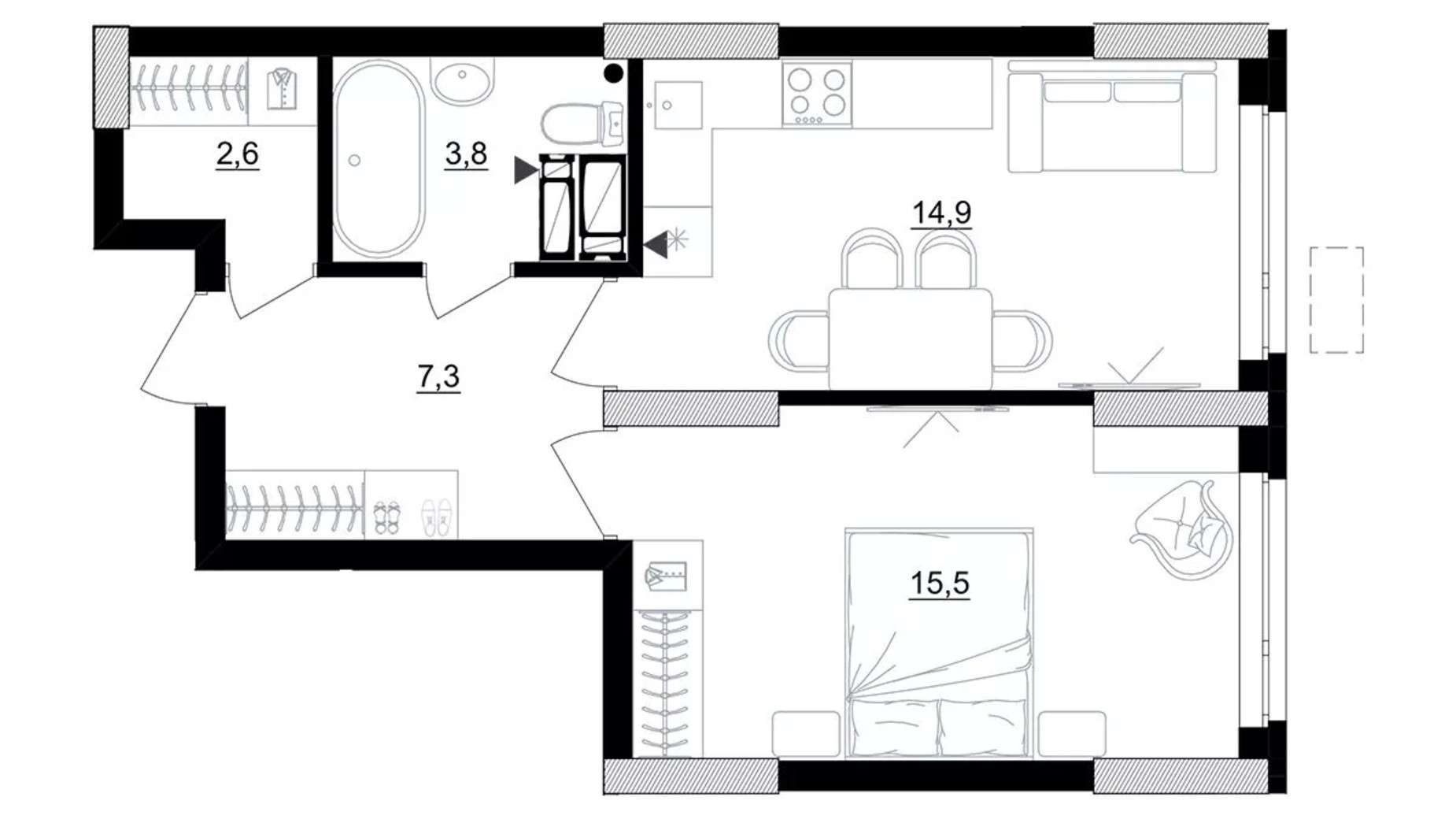 Планування 1-кімнатної квартири в ЖК Kub29 44.1 м², фото 627015