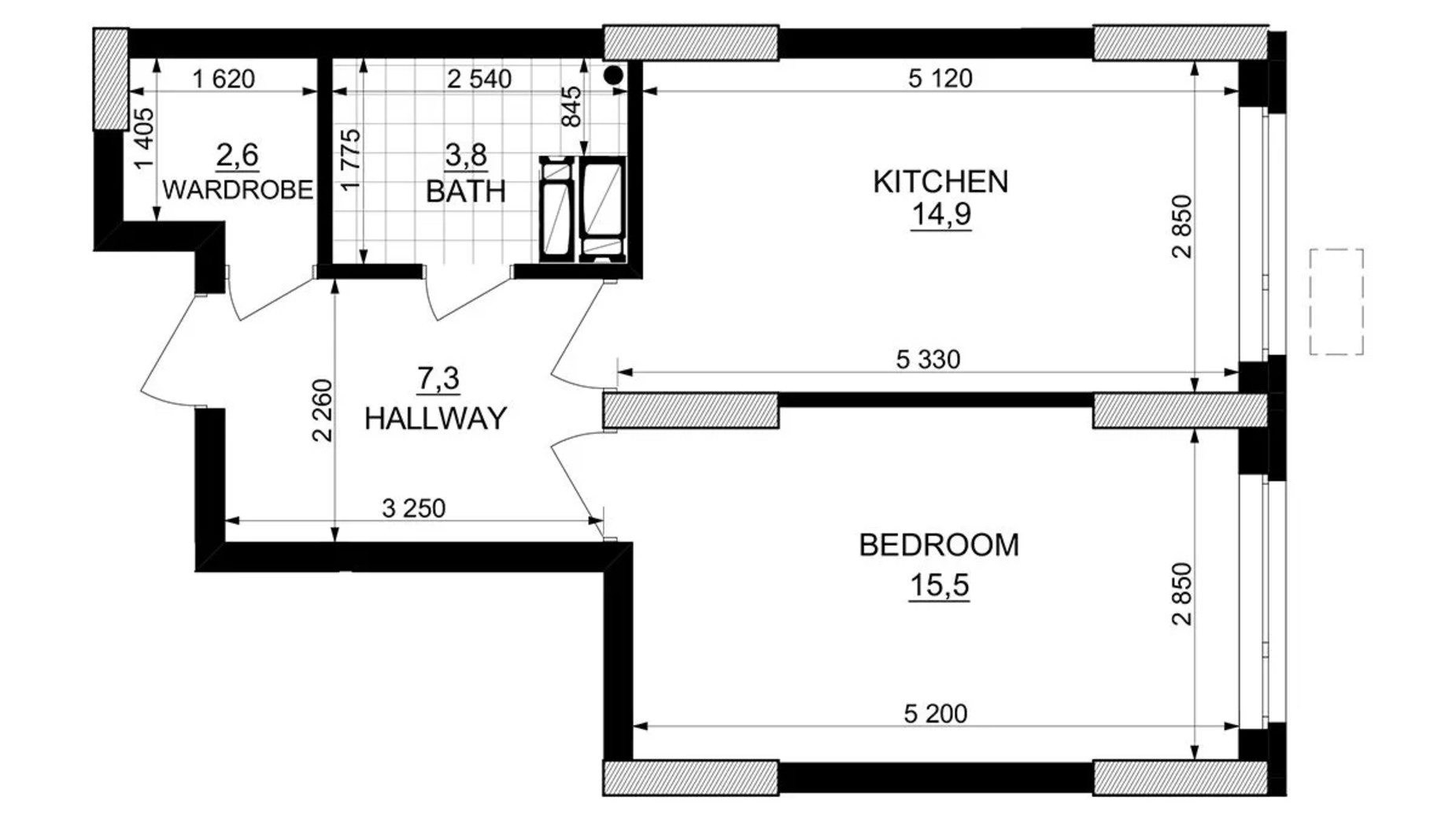 Планування 1-кімнатної квартири в ЖК Kub29 44.1 м², фото 627016